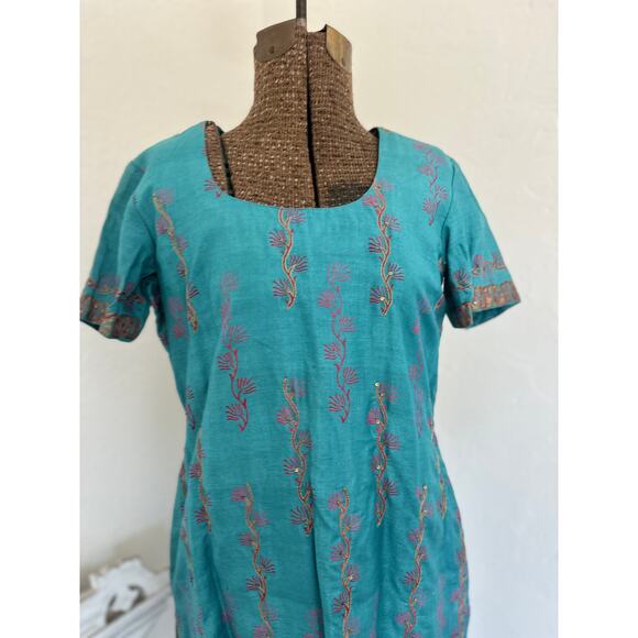 Rangoli Women's Medium Tunic Chemise Turquoise Pink Silk Dubai Chemise Abstract - Picture 3 of 3